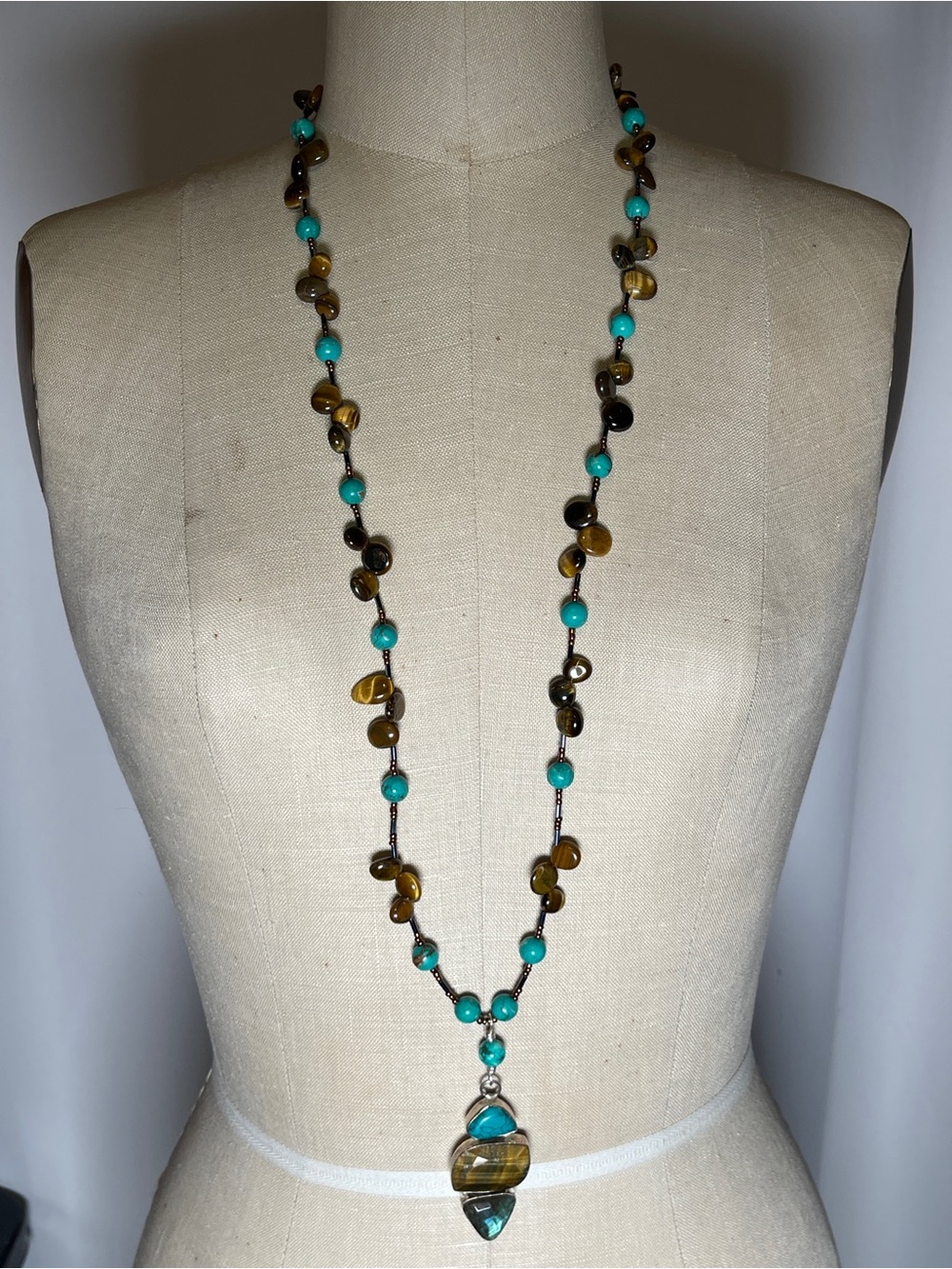 925 Sterling Turquoise Tiger Eye Labradorite 38” Pendant Necklace